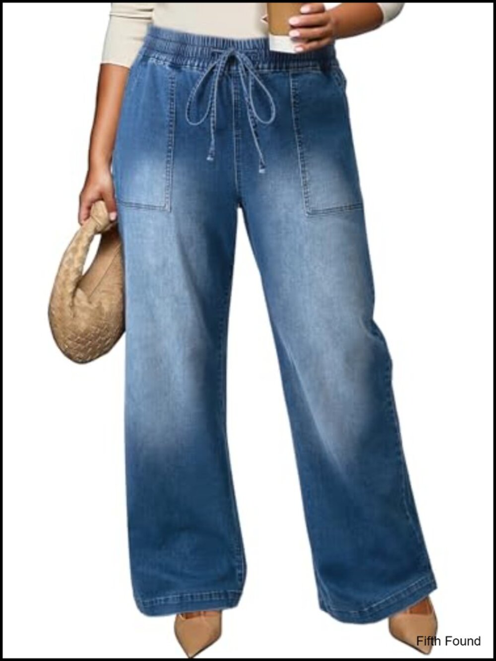 Womens Plus Size High Rise Wide Leg Straight Jean Stretchy Drawstring Denim